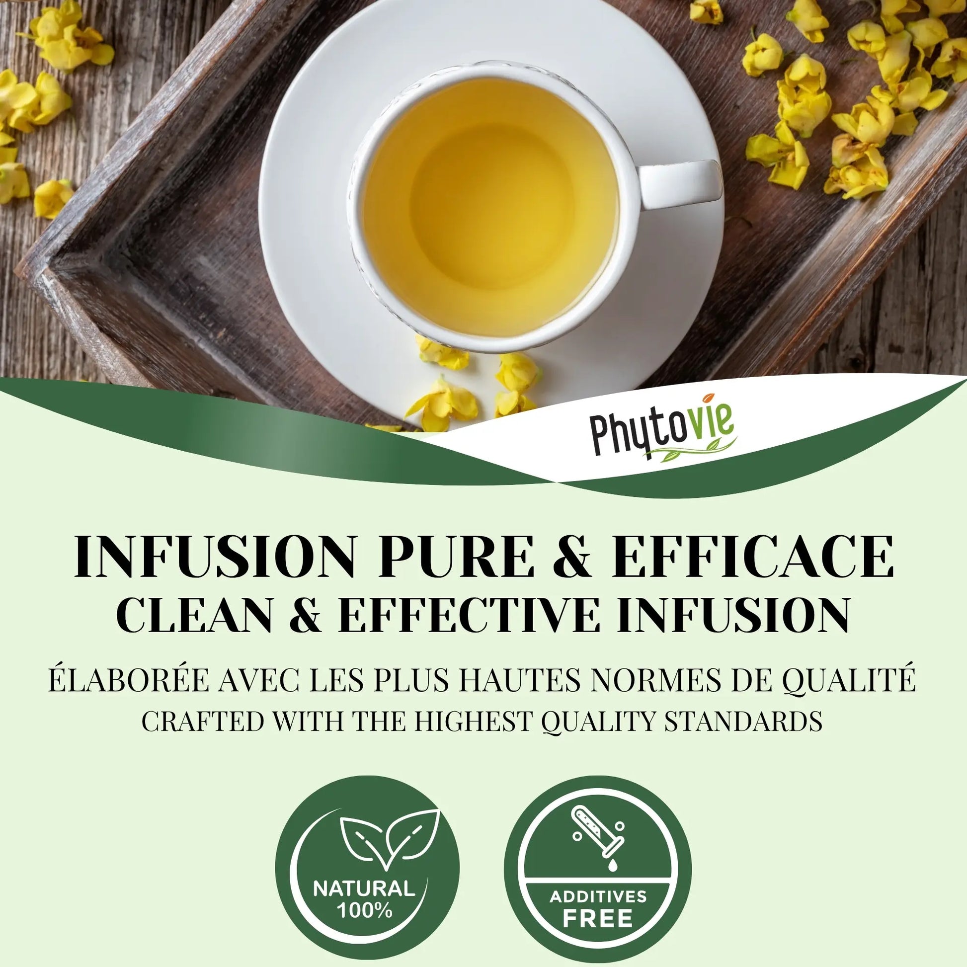 Infusion de molène Phytovie servie dans une tasse blanche, mettant en valeur une tisane naturelle, sans additifs, élaborée selon les plus hautes normes de qualité.