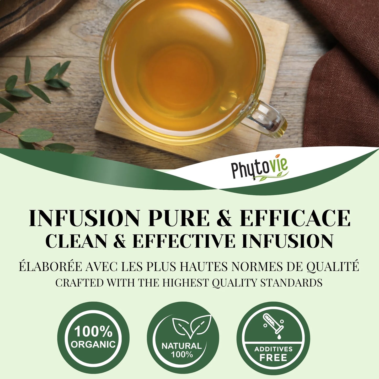 Tasse de tisane d’eucalyptus accompagnée de feuilles naturelles, illustrant une infusion chaude et aromatique pour le bien-être respiratoire