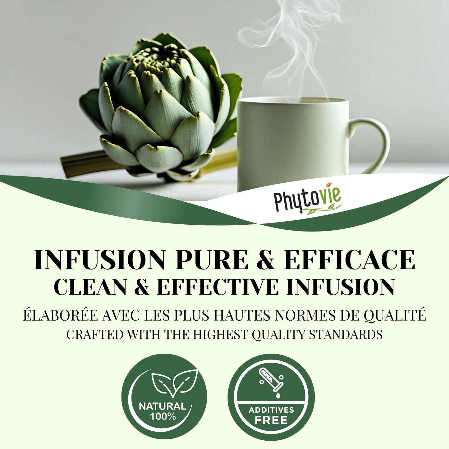 Tasse de tisane d’artichaut avec feuilles naturelles illustrant une infusion pure, efficace et digestive, 100% naturelle sans additifs et de qualité supérieure