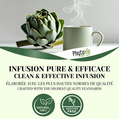 Tasse de tisane d’artichaut avec feuilles naturelles illustrant une infusion pure, efficace et digestive, 100% naturelle sans additifs et de qualité supérieure