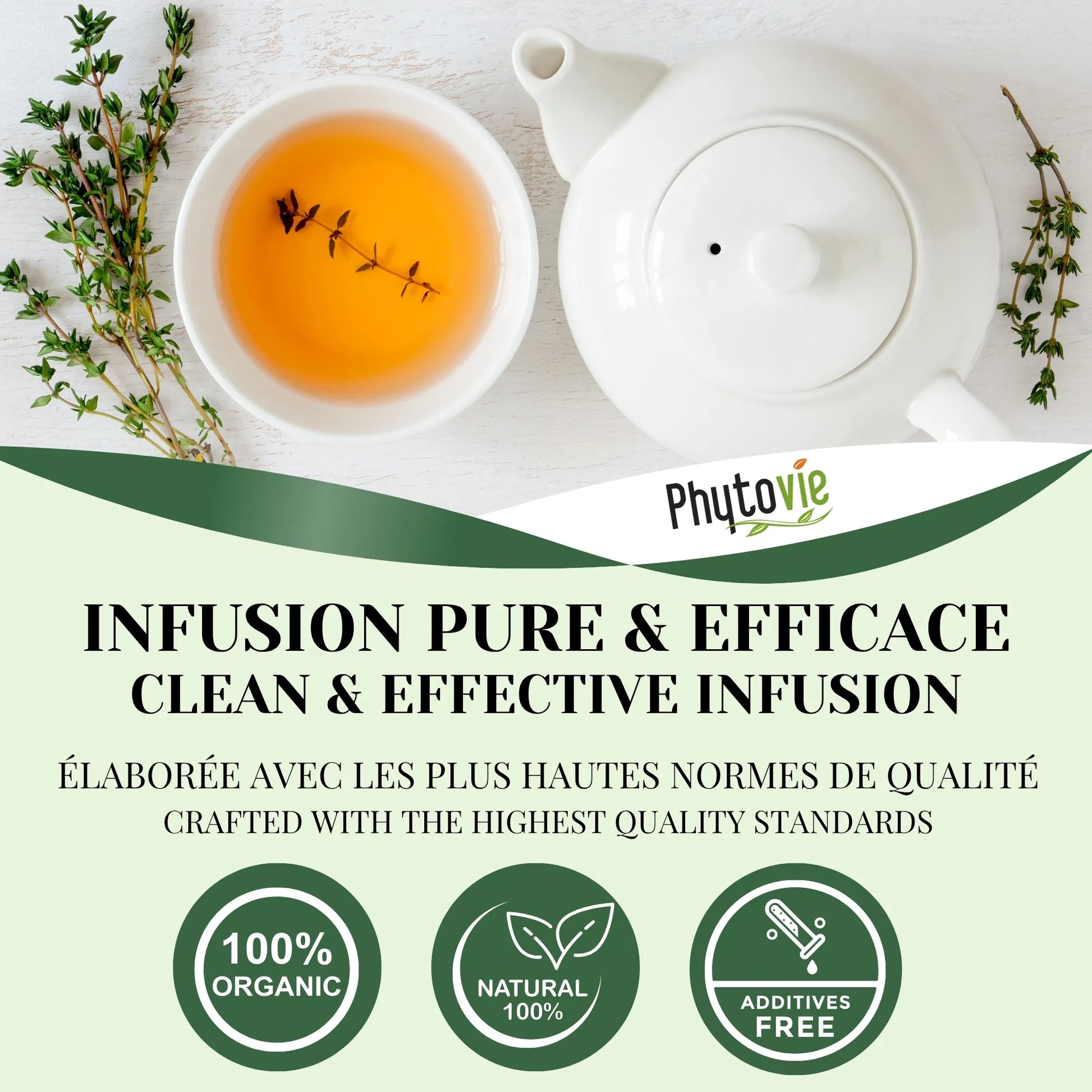 Tasse de tisane de thym avec plante naturelle illustrant une infusion pure, réconfortante et idéale pour soutenir la respiration