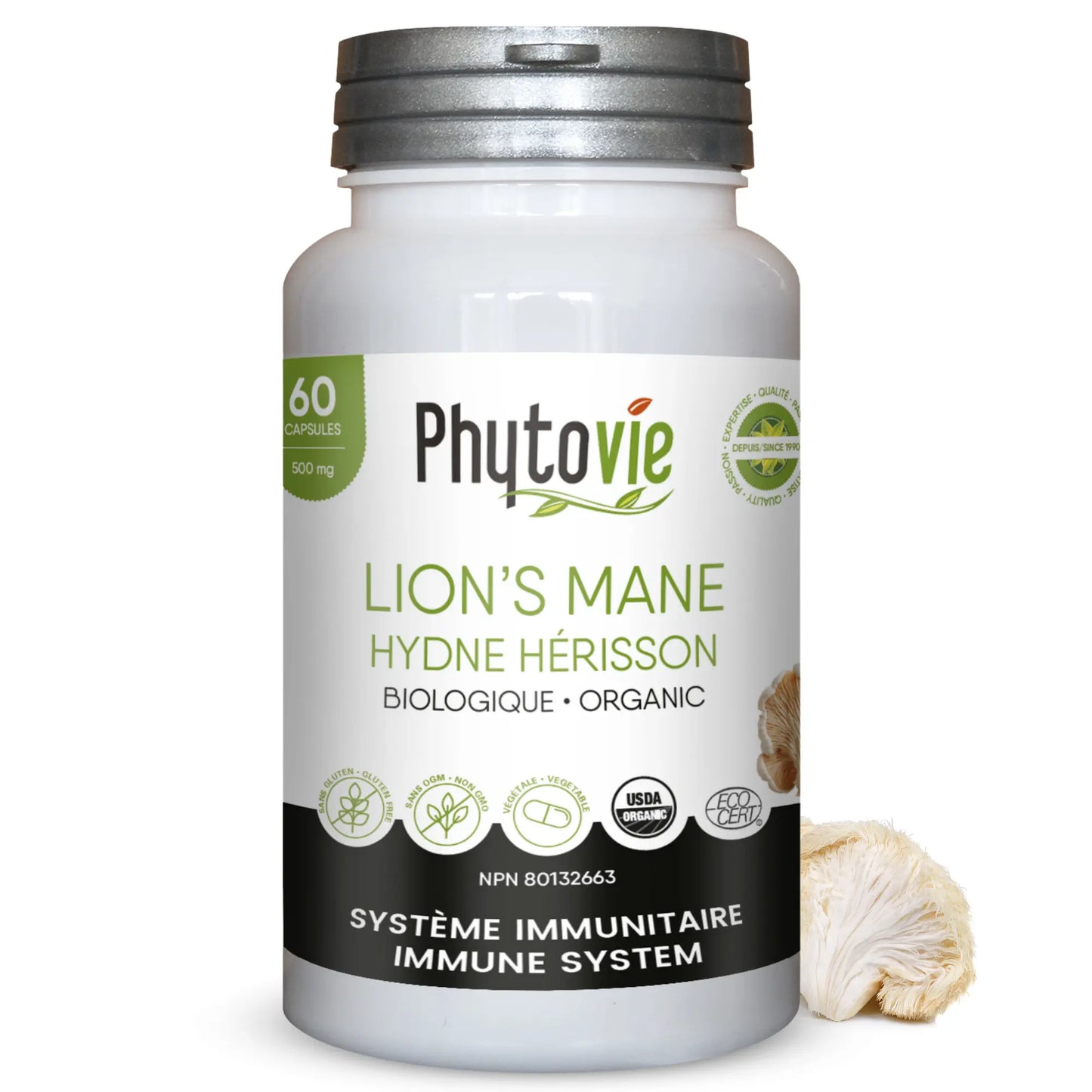 Capsules biologiques Lion’s Mane Phytovie 60 capsules, hydne hérisson certifié bio, supplément naturel pour soutenir le système immunitaire