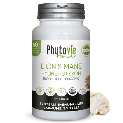 Capsules biologiques Lion’s Mane Phytovie 60 capsules, hydne hérisson certifié bio, supplément naturel pour soutenir le système immunitaire