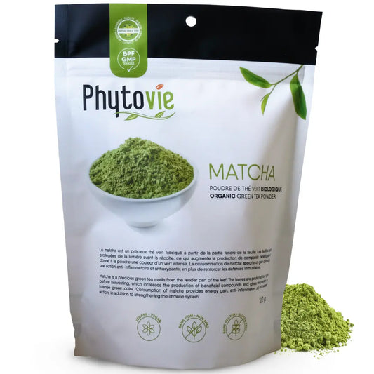 Matcha biologique Phytovie en poudre, thé vert finement moulu, riche en antioxydants et source d’énergie naturelle et durable



