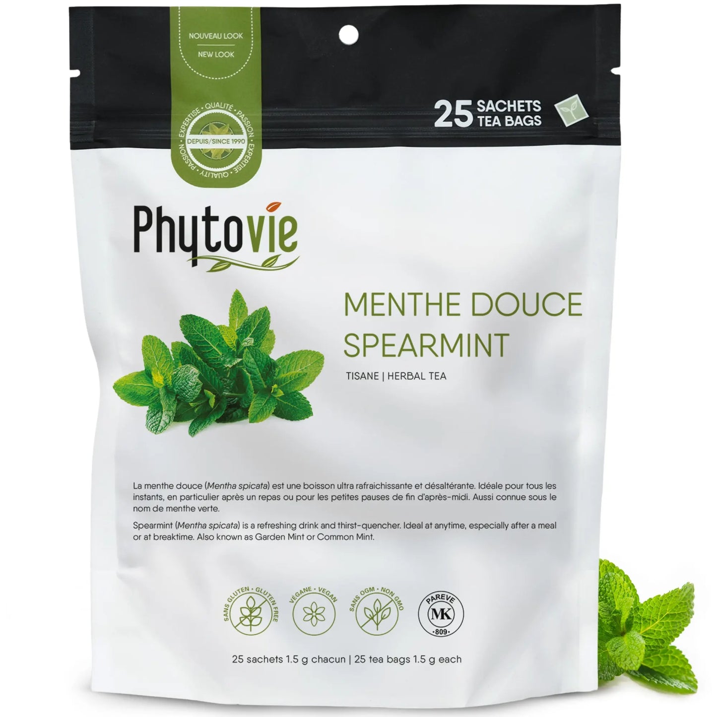 Sac Phytovie de tisane à la menthe douce (Spearmint) contenant 25 sachets, emballage recyclable avec illustration de feuilles de menthe, tisane naturelle, sans gluten, sans OGM et végane.
