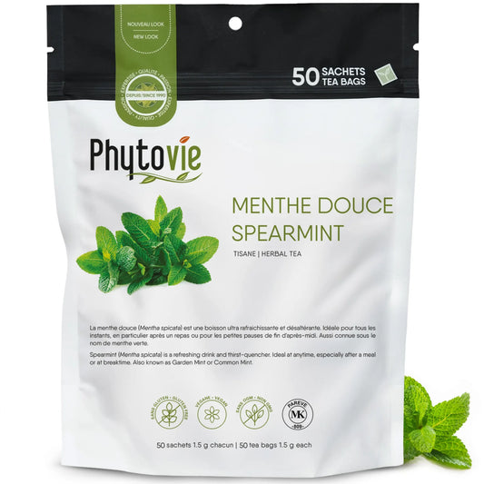 Sac Phytovie de tisane à la menthe douce (Spearmint) contenant 50 sachets, emballage recyclable avec illustration de feuilles de menthe, tisane naturelle, sans gluten, sans OGM et végane.
