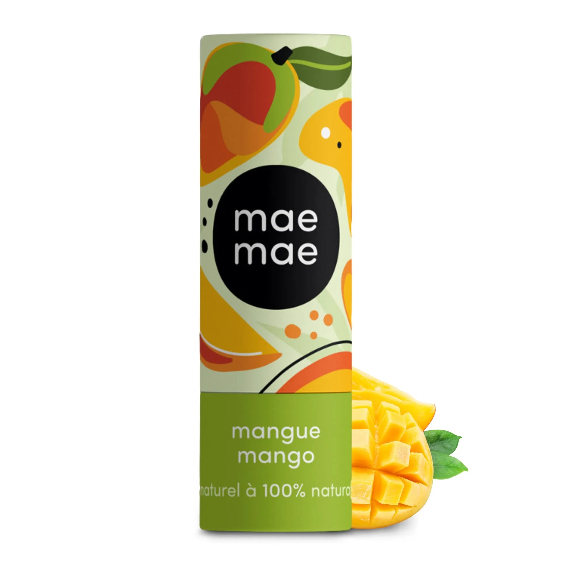 Baume à lèvres naturel à la mangue mae mae sur fond blanc avec mangue