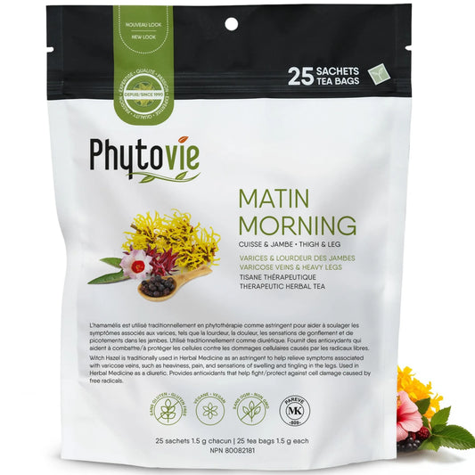 Tisane Matin cuisse et jambe Phytovie en 25  sachets sur fond blanc, infusion naturelle utilisée traditionnellement pour la lourdeur des jambes et les varices

