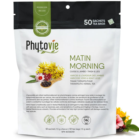 Tisane Matin cuisse et jambe Phytovie en 50 sachets sur fond blanc, infusion naturelle utilisée traditionnellement pour la lourdeur des jambes et les varices