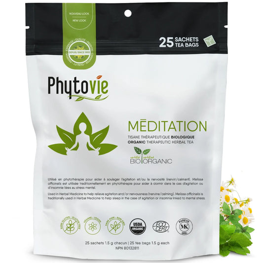 Tisane Méditation biologique Phytovie en 25 sachets sur fond blanc, infusion naturelle formulée pour la détente mentale et la sérénité
