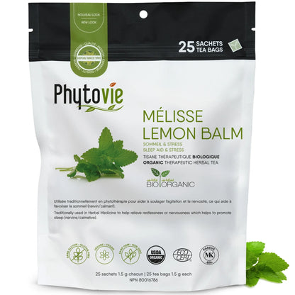 Tisane de mélisse biologique Phytovie en 25 sachets sur fond blanc, infusion naturelle utilisée traditionnellement pour le sommeil et la détente