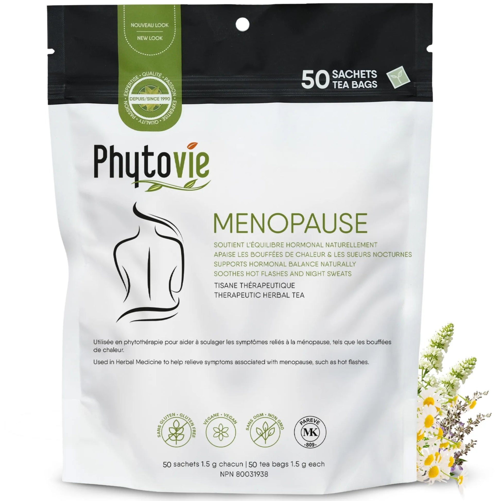 Tisane Ménopause Phytovie en 50 sachets sur fond blanc, infusion naturelle utilisée traditionnellement pour le confort et l’équilibre durant la ménopause