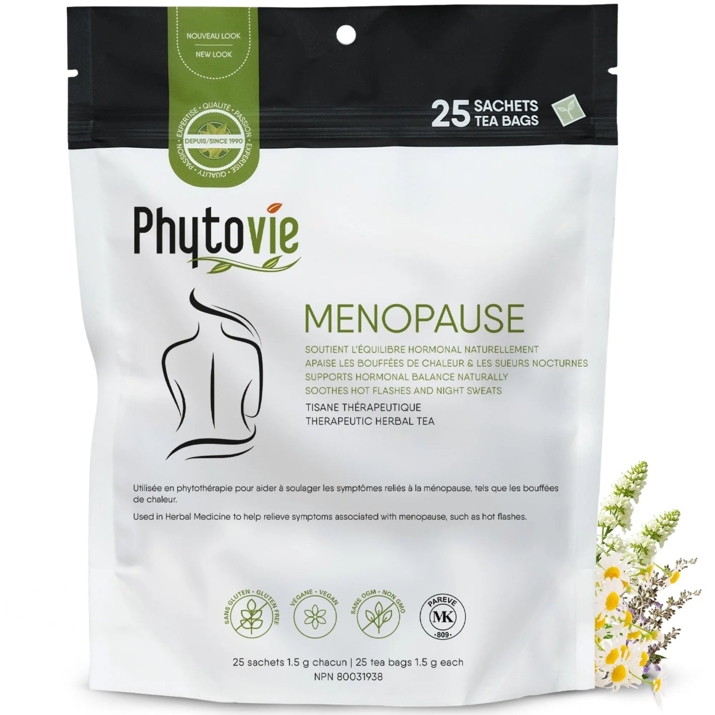 Tisane Ménopause Phytovie en 25 sachets sur fond blanc, infusion naturelle utilisée traditionnellement pour le confort et l’équilibre durant la ménopause
