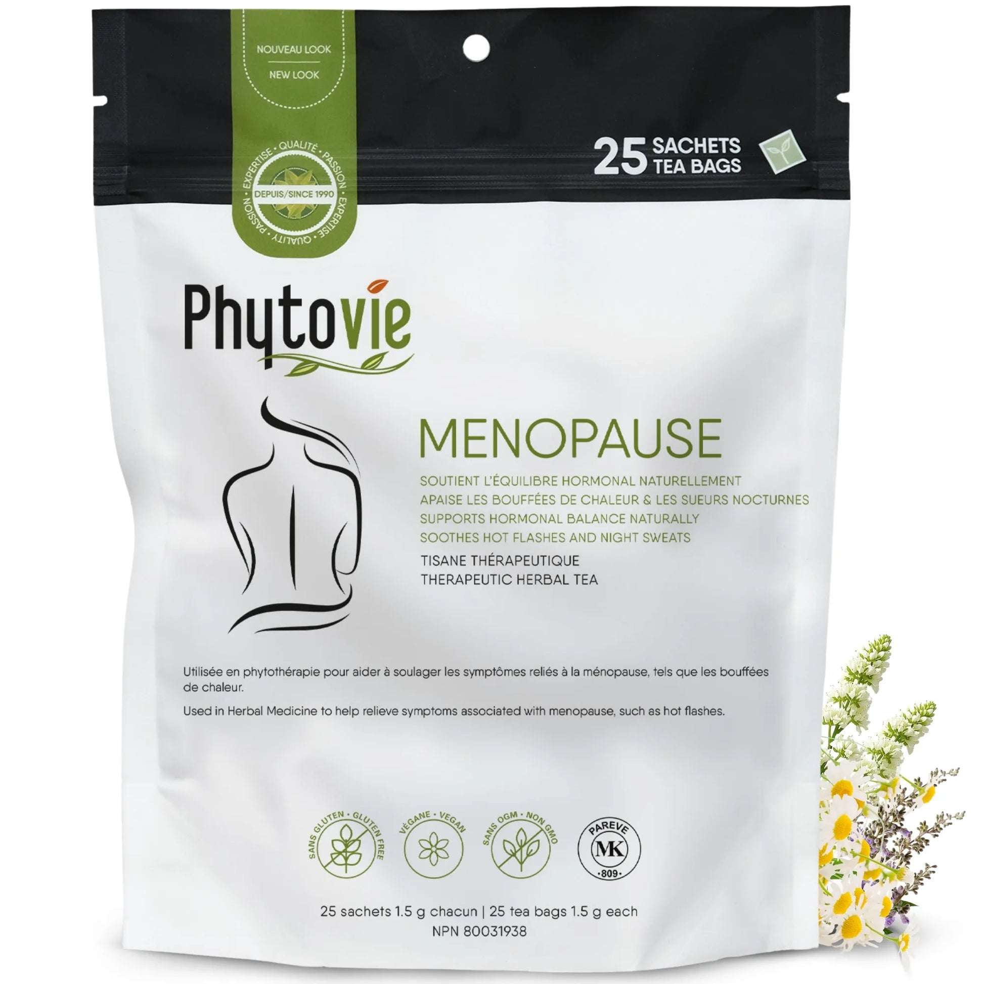Tisane Ménopause Phytovie en 25 sachets sur fond blanc, infusion naturelle utilisée traditionnellement pour le confort et l’équilibre durant la ménopause
