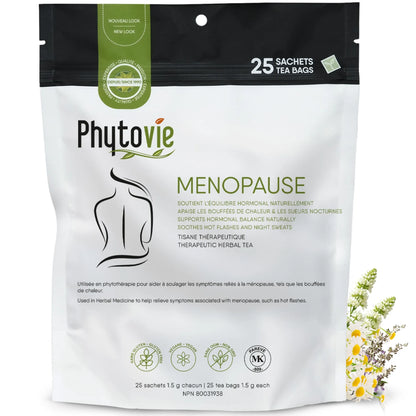 Tisane Ménopause Phytovie en 25 sachets sur fond blanc, infusion naturelle utilisée traditionnellement pour le confort et l’équilibre durant la ménopause
