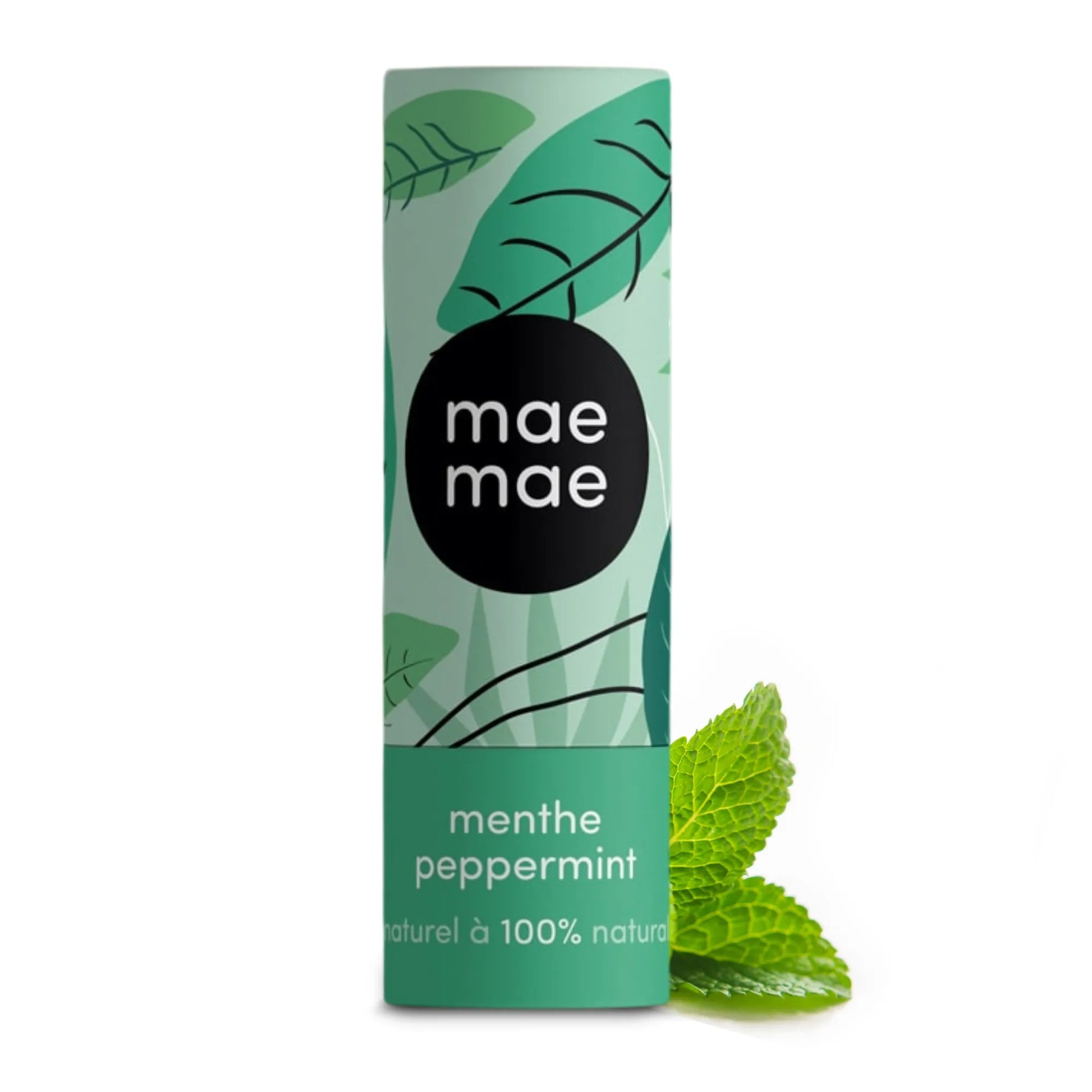 Baume à lèvres naturel à la menthe mae mae sur fond blanc avec feuilles de menthe