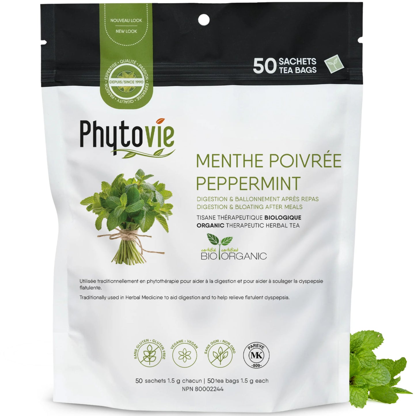 Tisane de menthe poivrée 50 sachets sur fond blanc avec feuille de menthe poivrée à côté, plante naturelle reconnue pour faciliter la digestion et soulager les ballonnements