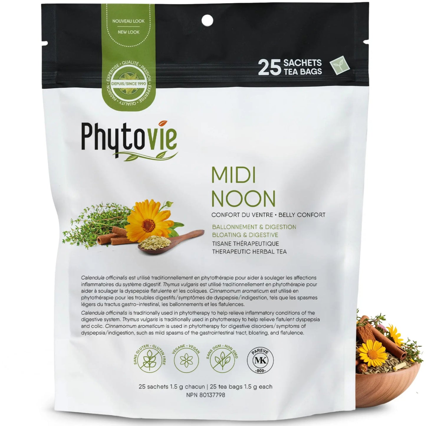 Tisane biologique Midi Phytovie 25 sachets, infusion thérapeutique pour le confort du ventre, les ballonnements, la digestion et le bien-être intestinal