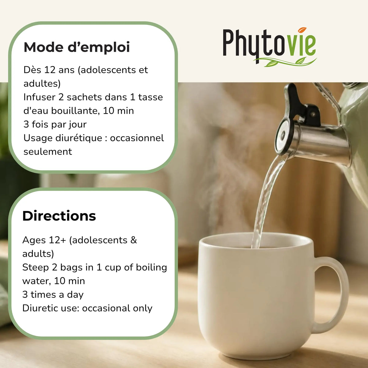 Bouilloire versant l'eau; cartes Mode d'emploi et Directions, posologie et usage diurétique