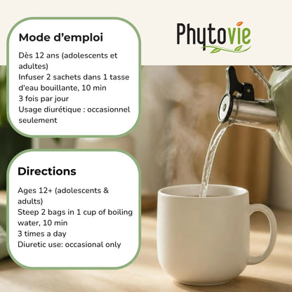 Bouilloire versant l'eau; cartes Mode d'emploi et Directions, posologie et usage diurétique