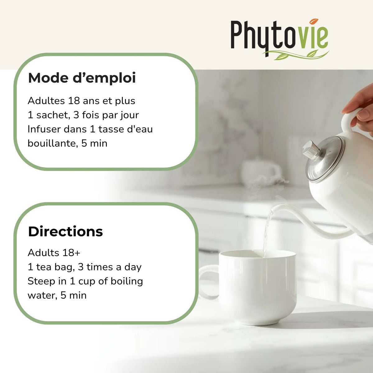 Instructions de préparation de la tisane Chardon-Marie Phytovie, infuser 5 minutes, 3 fois par jour