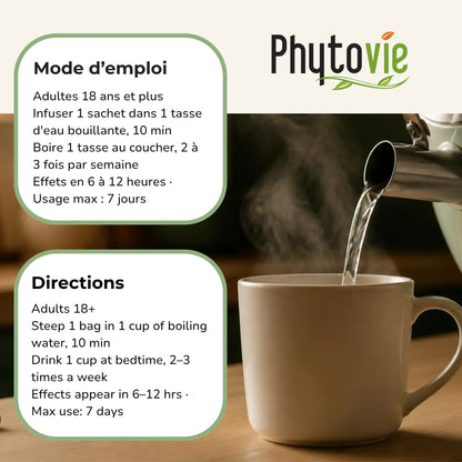 Instructions de préparation de la tisane Séné BIO Phytovie, infuser 10 minutes dans l'eau bouillante