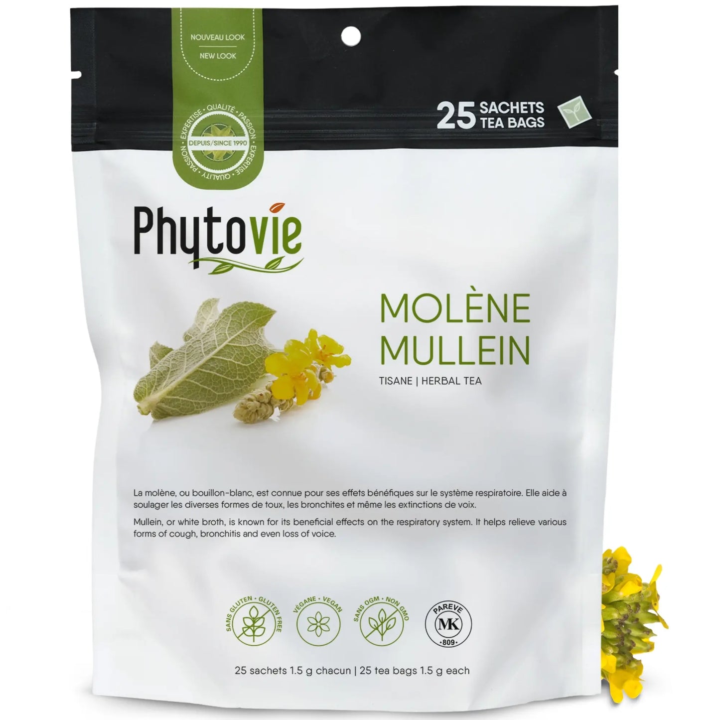 Sac Phytovie de tisane de molène (Mullein) contenant 25 sachets, infusion naturelle reconnue pour ses effets bénéfiques sur le système respiratoire, sans gluten, sans OGM et végane.
