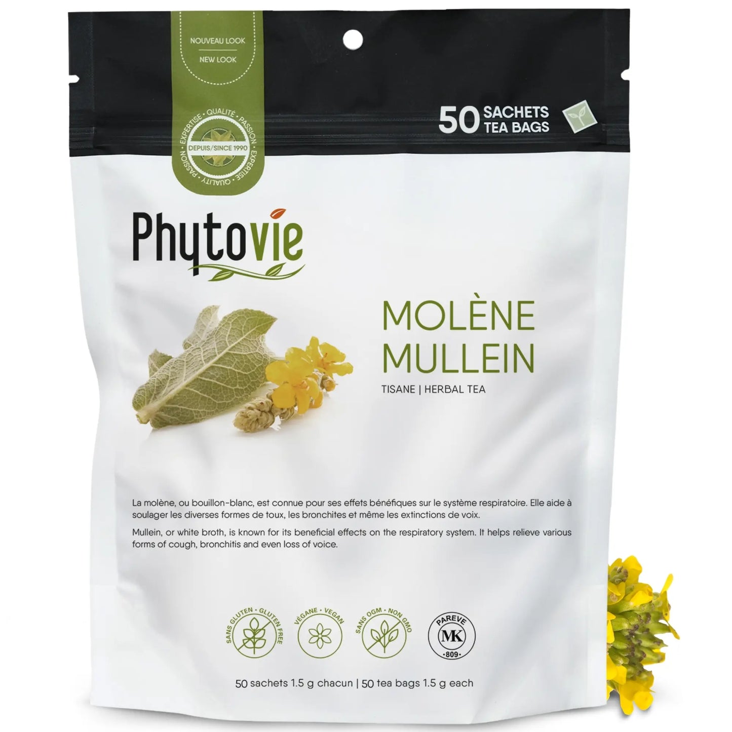 Sac Phytovie de tisane de molène (Mullein) contenant 50 sachets, infusion naturelle reconnue pour ses effets bénéfiques sur le système respiratoire, sans gluten, sans OGM et végane.
