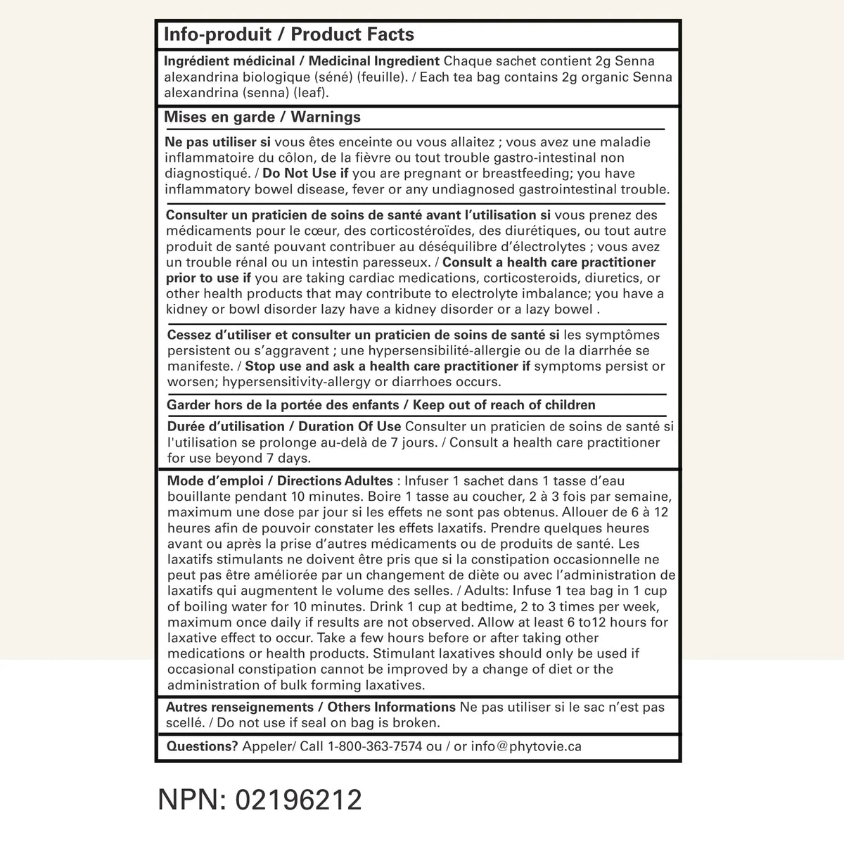 Tableau des informations produit et numéro NPN 02196212 de la tisane Séné BIO Phytovie