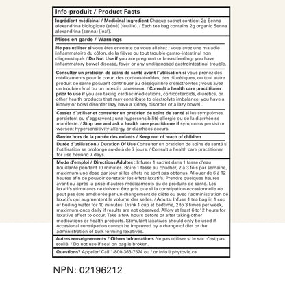 Tableau des informations produit et numéro NPN 02196212 de la tisane Séné BIO Phytovie