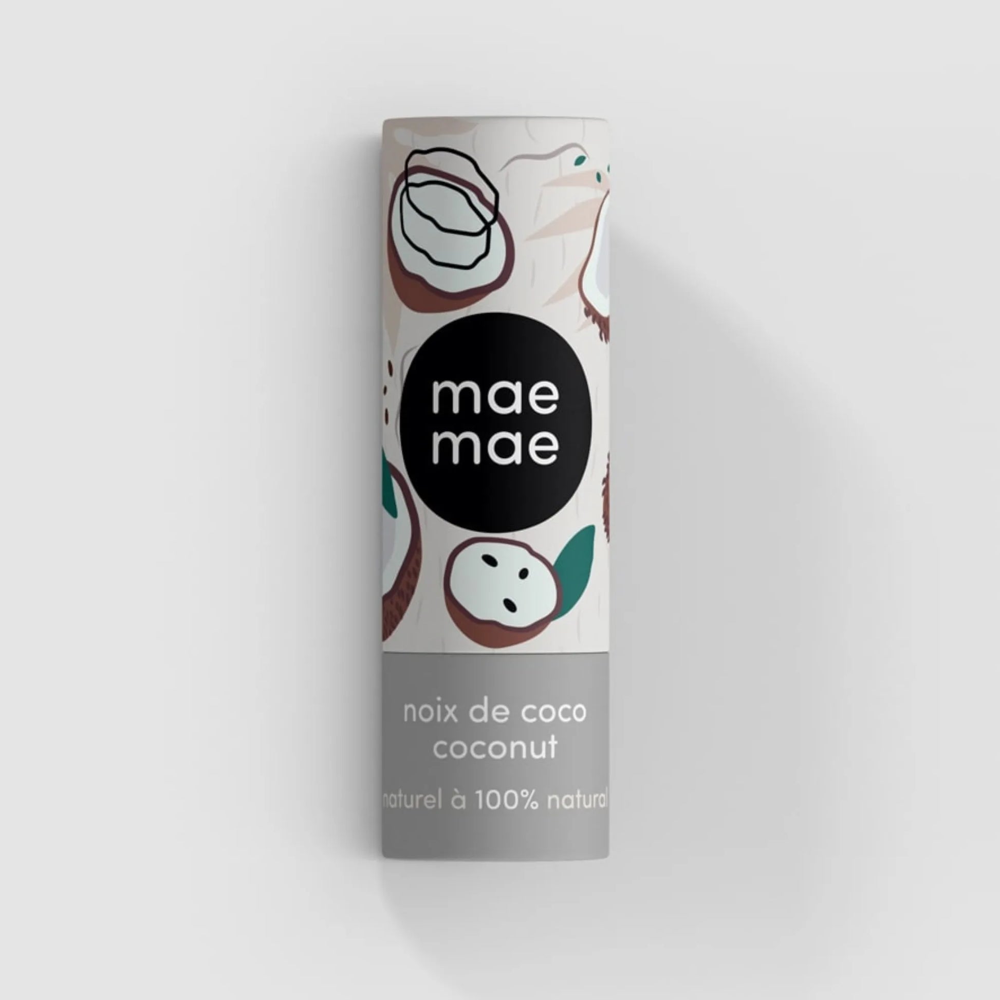 Baume à lèvres naturel à la noix de coco mae mae présenté sur fond gris
