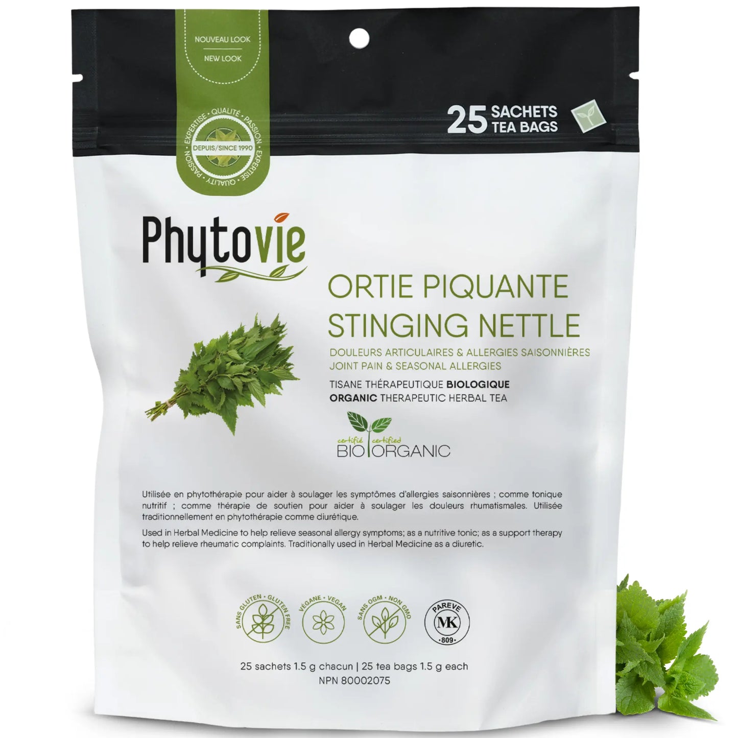 Phytovie ortie piquante bio 25 sachets, tisane thérapeutique biologique pour douleurs articulaires et allergies saisonnières