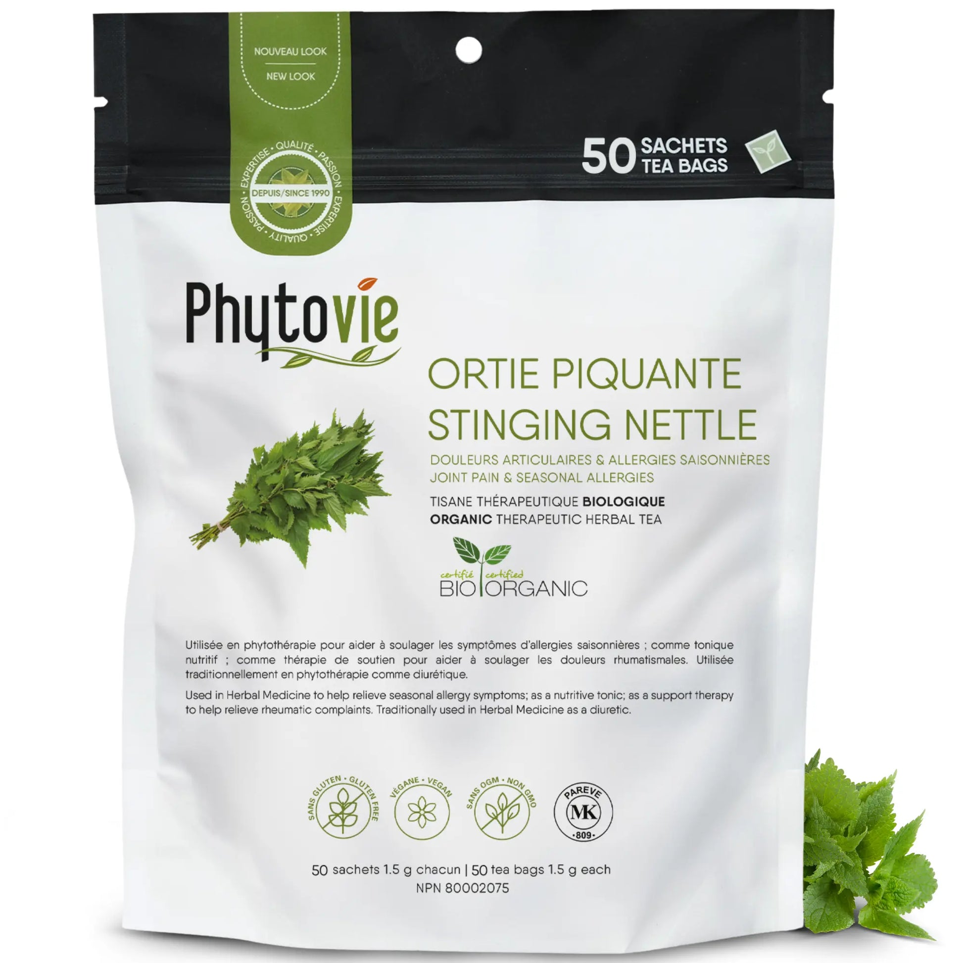 Phytovie ortie piquante bio 50 sachets, tisane thérapeutique biologique pour douleurs articulaires et allergies saisonnières