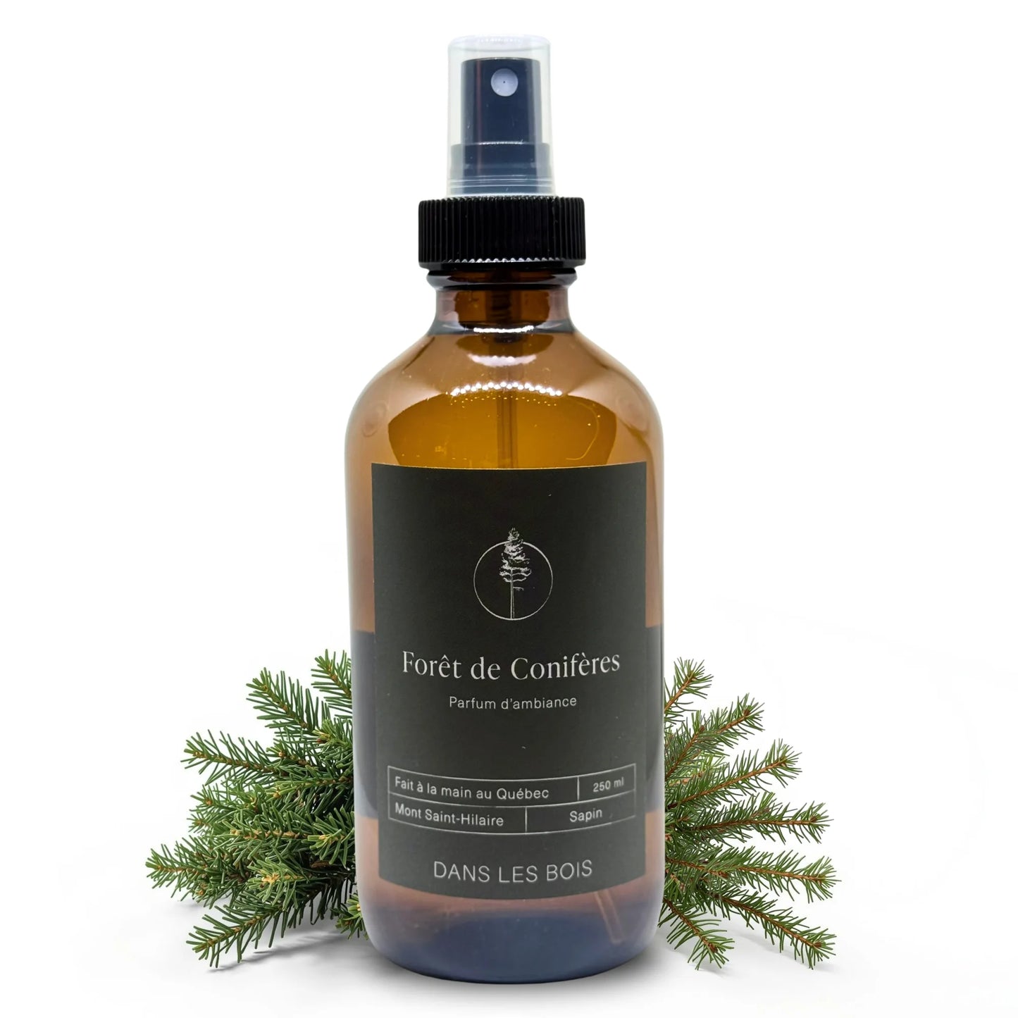 Parfum d’ambiance Forêt de Conifères 250 ml avec branches de conifères sur fond blanc, parfum boisé et frais