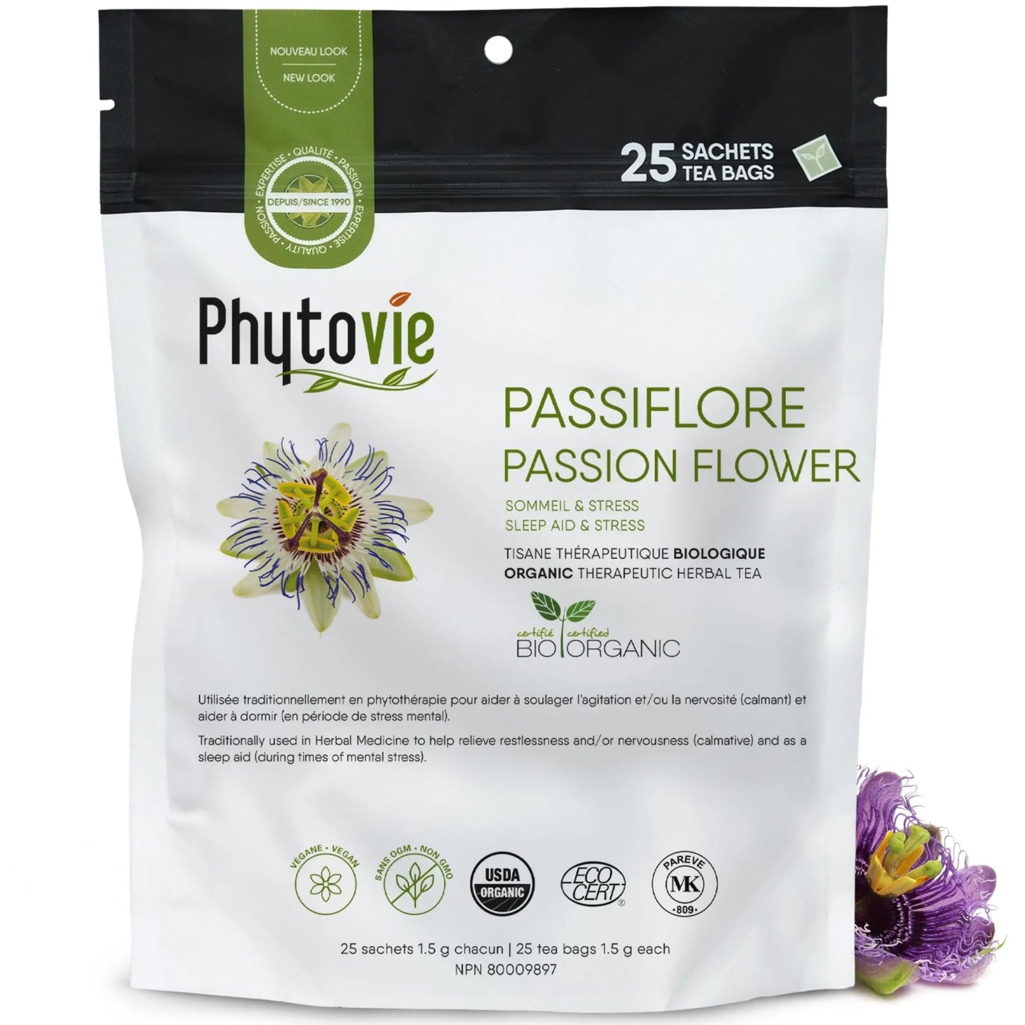 Sac Phytovie de tisane biologique de passiflore (Passion Flower) contenant 25 sachets, infusion pour le sommeil et le stress, certifiée biologique, sans gluten, sans OGM, végane et sans additifs.
