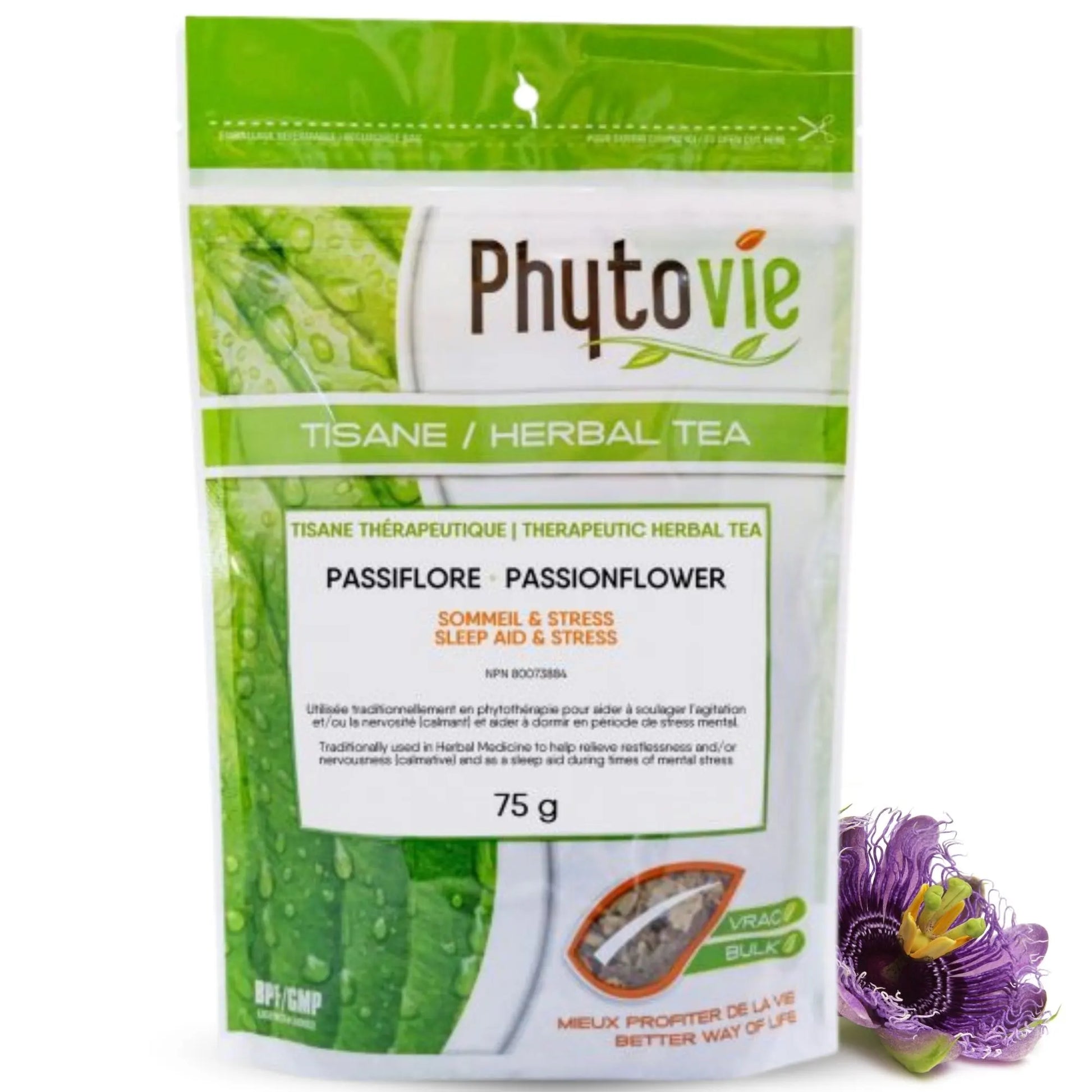 Sachet Phytovie de tisane thérapeutique de passiflore en vrac 75 g BIO , plante médicinale reconnue pour favoriser le sommeil et aider à soulager le stress et la nervosité, emballage vert avec fleur de passiflore.