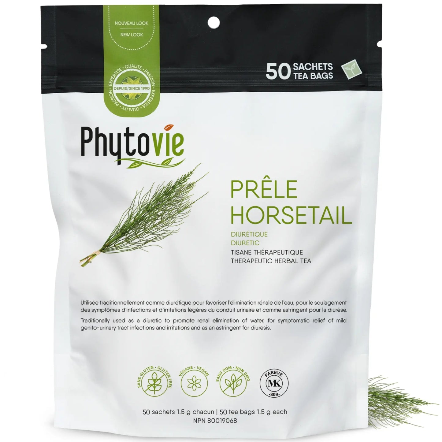 Sac Phytovie de tisane thérapeutique de prêle (Horsetail) contenant 50 sachets, plante traditionnellement utilisée pour soutenir la diurèse naturelle, emballage recyclable.
