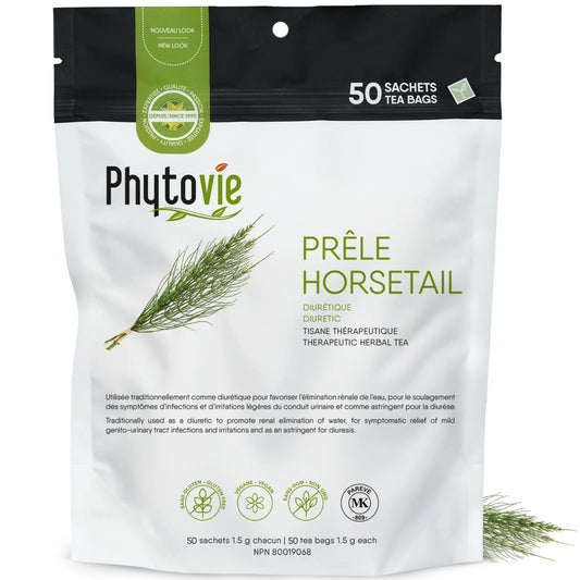 Sac Phytovie de tisane thérapeutique de prêle (Horsetail) contenant 50 sachets, plante traditionnellement utilisée pour soutenir la diurèse naturelle, emballage recyclable.
