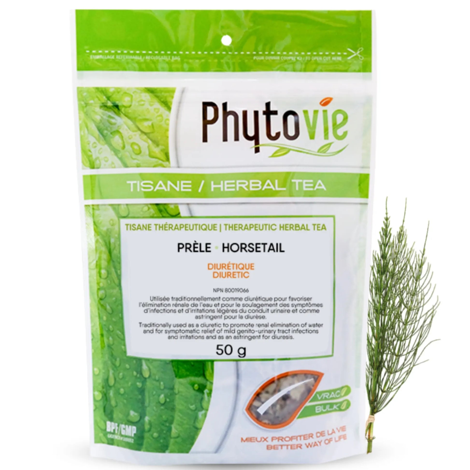 Sachet Phytovie de tisane thérapeutique de prêle en vrac 50 g, plante médicinale utilisée comme diurétique naturel pour favoriser l’élimination rénale de l’eau.
