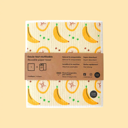 Emballage d’essuie-tout réutilisable Maemae à motifs bananes, écologique, lavable en machine, super absorbant et compostable.