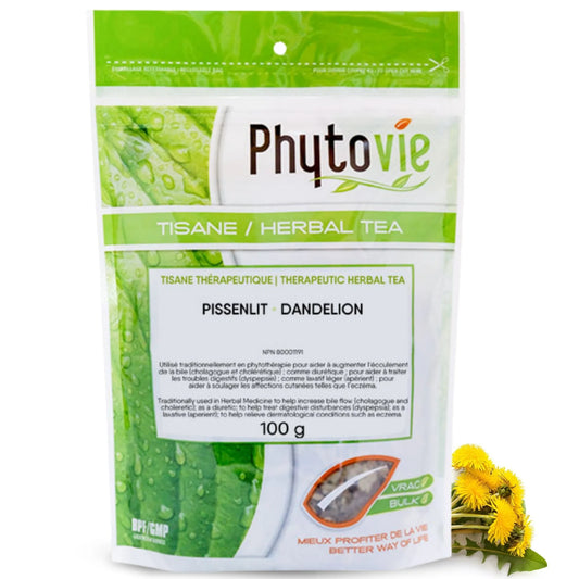 Tisane de racine de pissenlit en vrac 100g sur fond blanc avec racine de pissenlit, plante naturelle reconnue pour soutenir le foie et la détoxification.