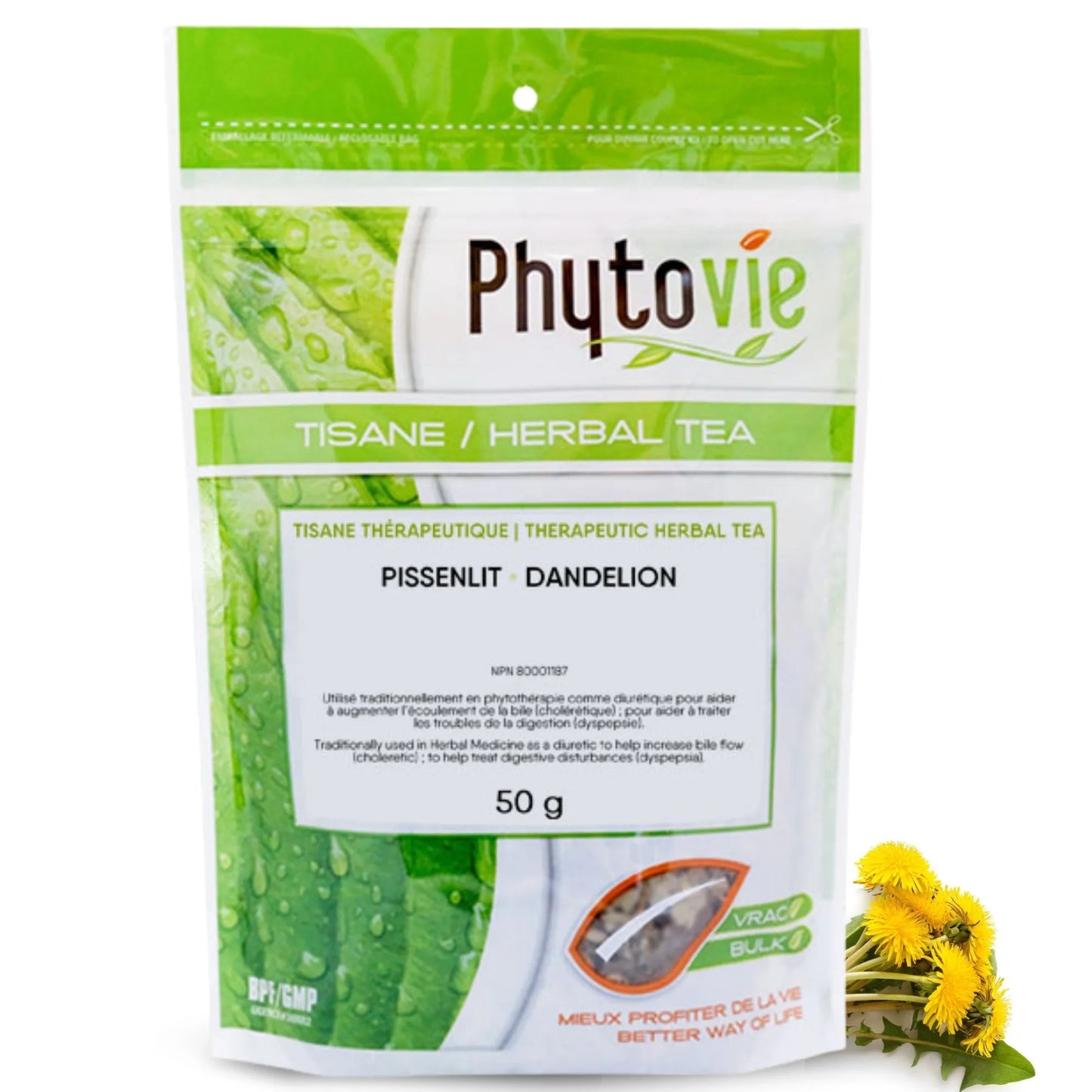Tisane de racine de pissenlit en vrac 50g sur fond blanc avec racine de pissenlit, plante naturelle reconnue pour soutenir le foie et la détoxification