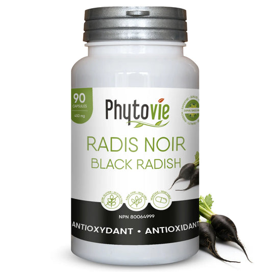 Capsules de Radis noir Phytovie, supplément naturel antioxydant utilisé pour aider à protéger les cellules contre le stress oxydatif
