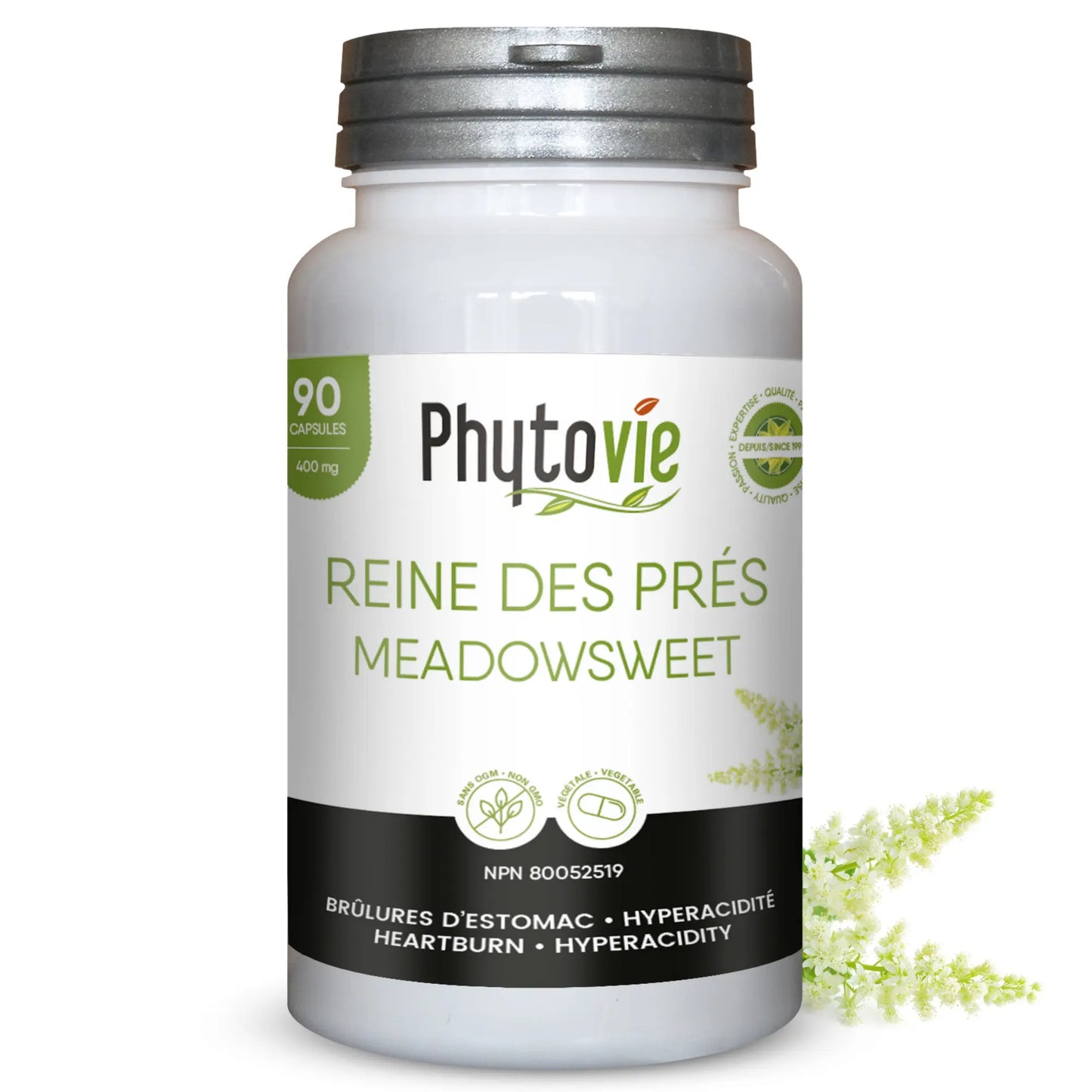 Capsules de Reine des prés Phytovie, supplément naturel utilisé pour aider à soulager les brûlures d’estomac et l’hyperacidité