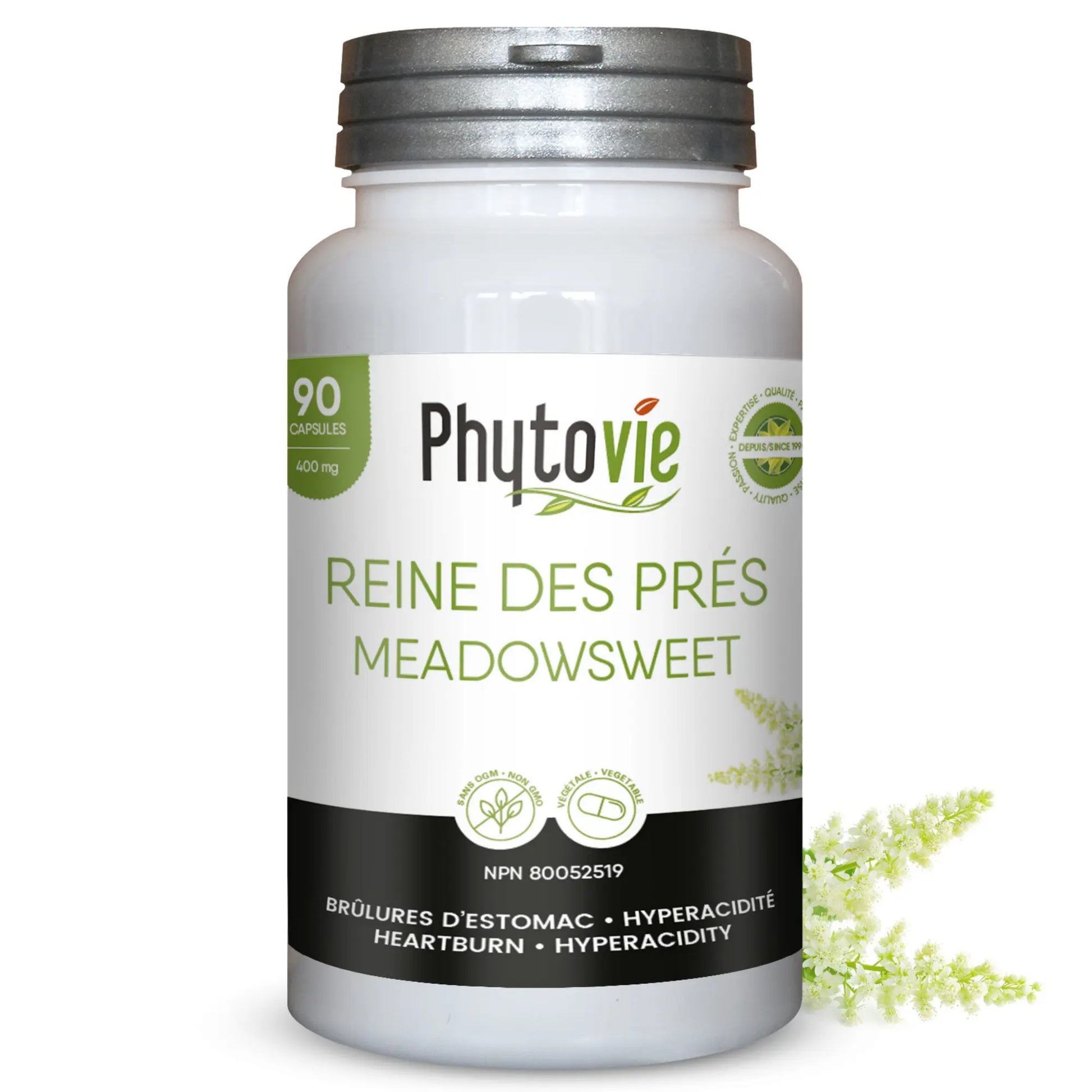 Capsules de Reine des prés Phytovie, supplément naturel utilisé pour aider à soulager les brûlures d’estomac et l’hyperacidité