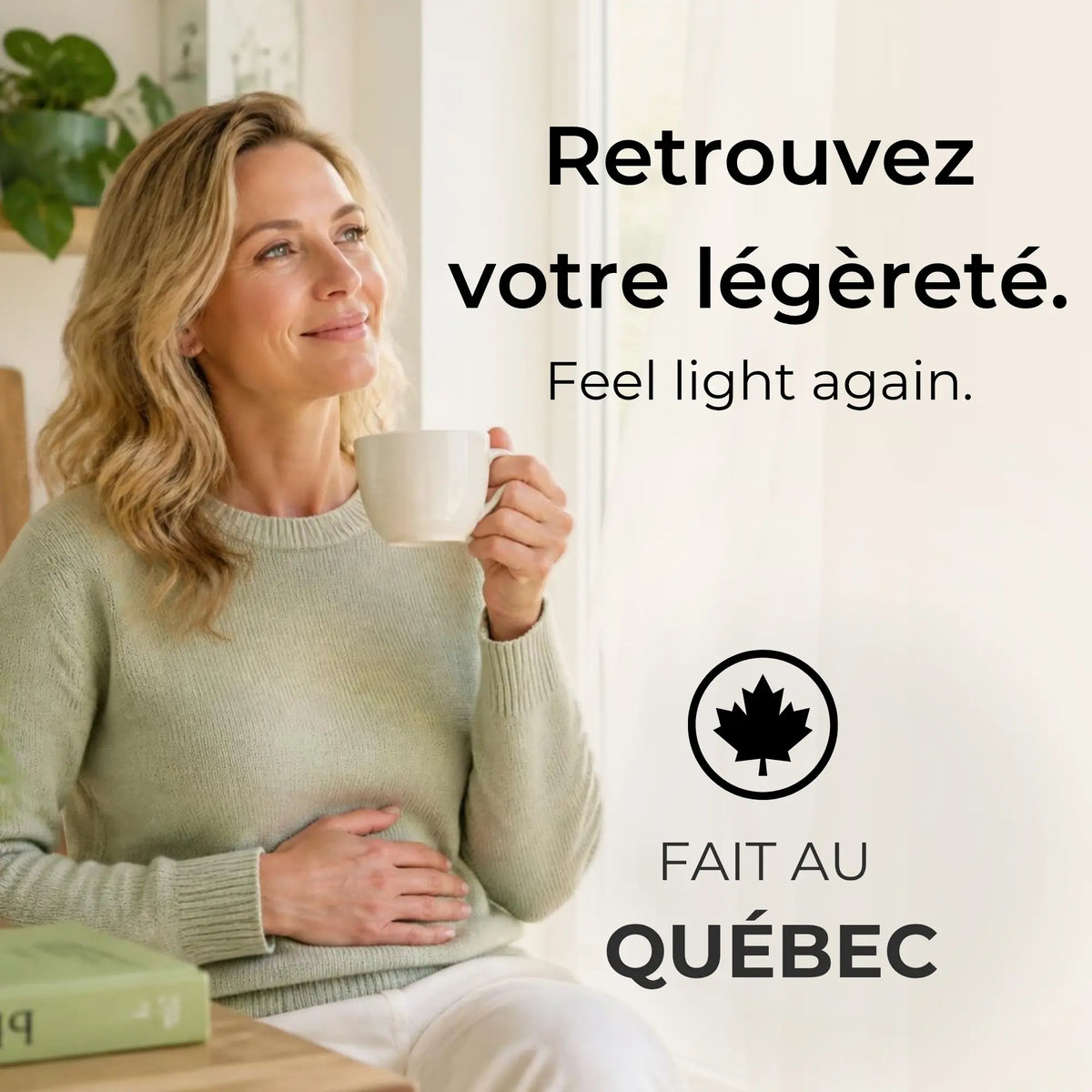 Femme souriante buvant une tisane Séné BIO Phytovie, produit naturel fabriqué au Québec
