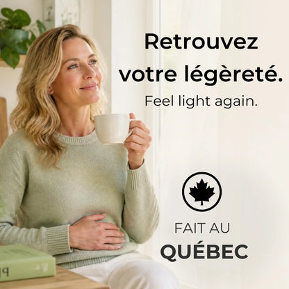 Femme souriante buvant une tisane Séné BIO Phytovie, produit naturel fabriqué au Québec