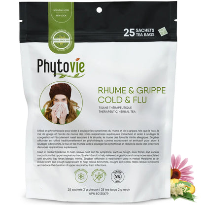 Tisane thérapeutique rhume et grippe Phytovie 25 sachets, infusion naturelle pour soulager les symptômes du rhume