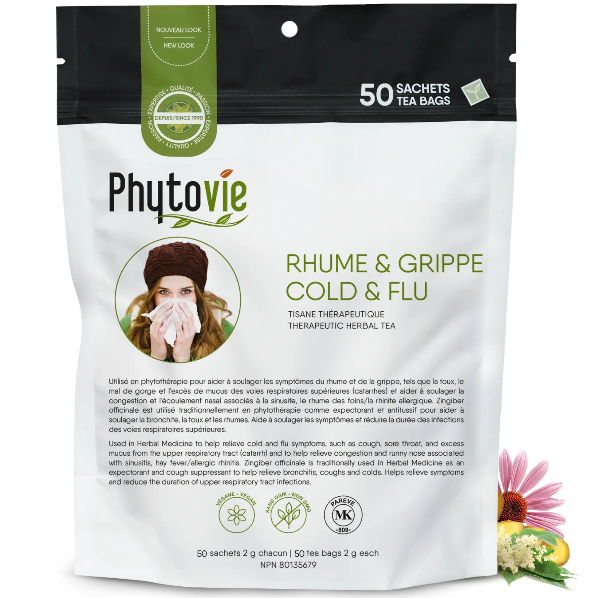 Tisane thérapeutique rhume et grippe Phytovie 50 sachets, infusion naturelle pour le rhume, la grippe et les voies respiratoires