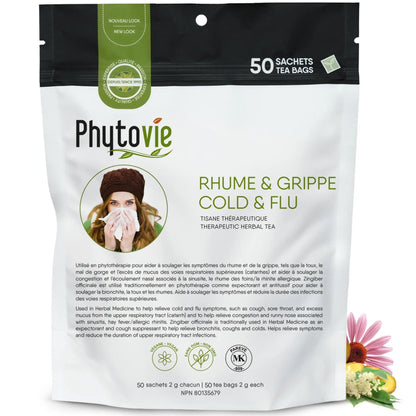 Tisane thérapeutique rhume et grippe Phytovie 50 sachets, infusion naturelle pour le rhume, la grippe et les voies respiratoires